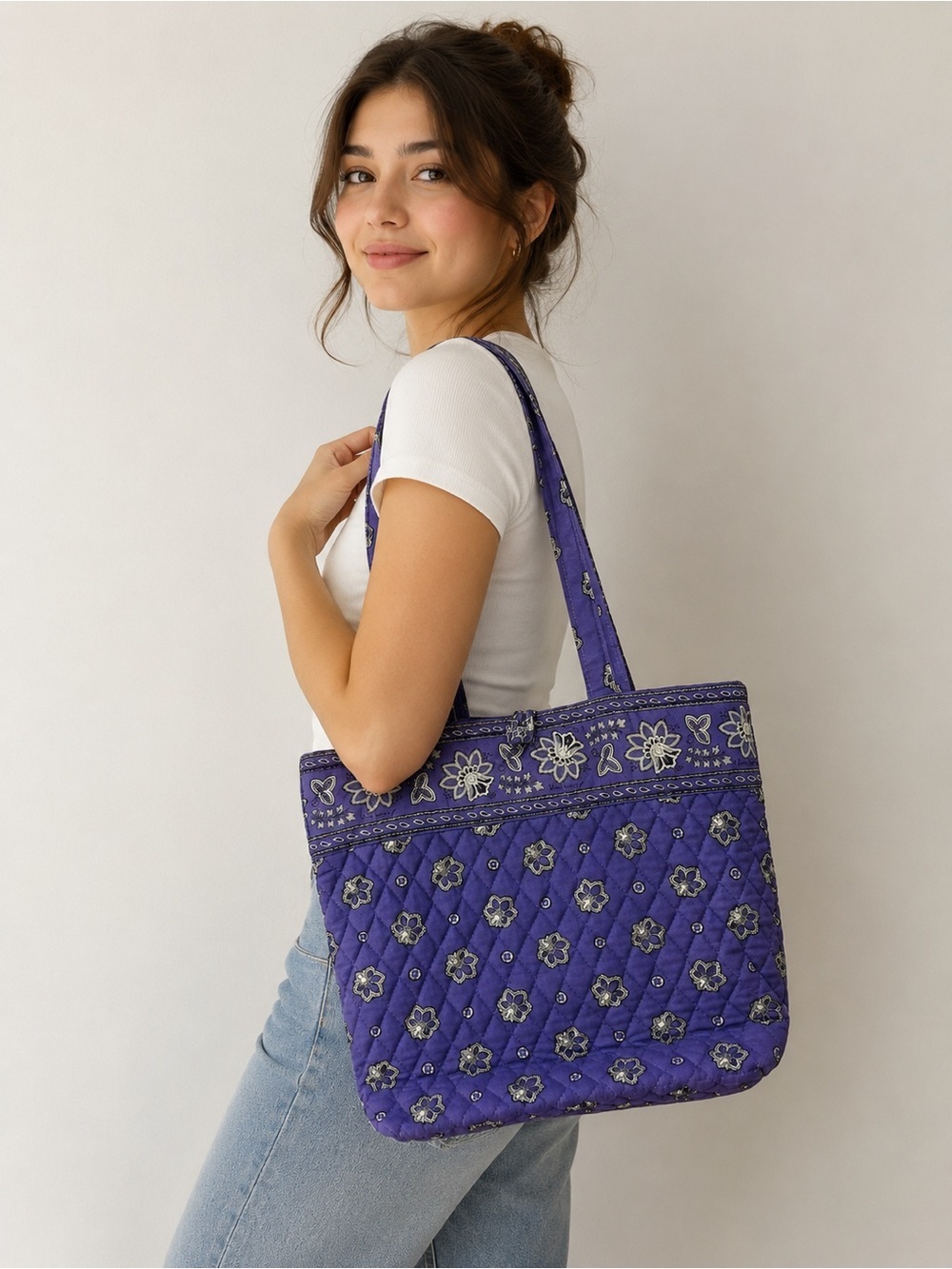 Vera Bradley Purple Quilted Tote Bag Floral Paisley Print Cotton Shoulder Bag